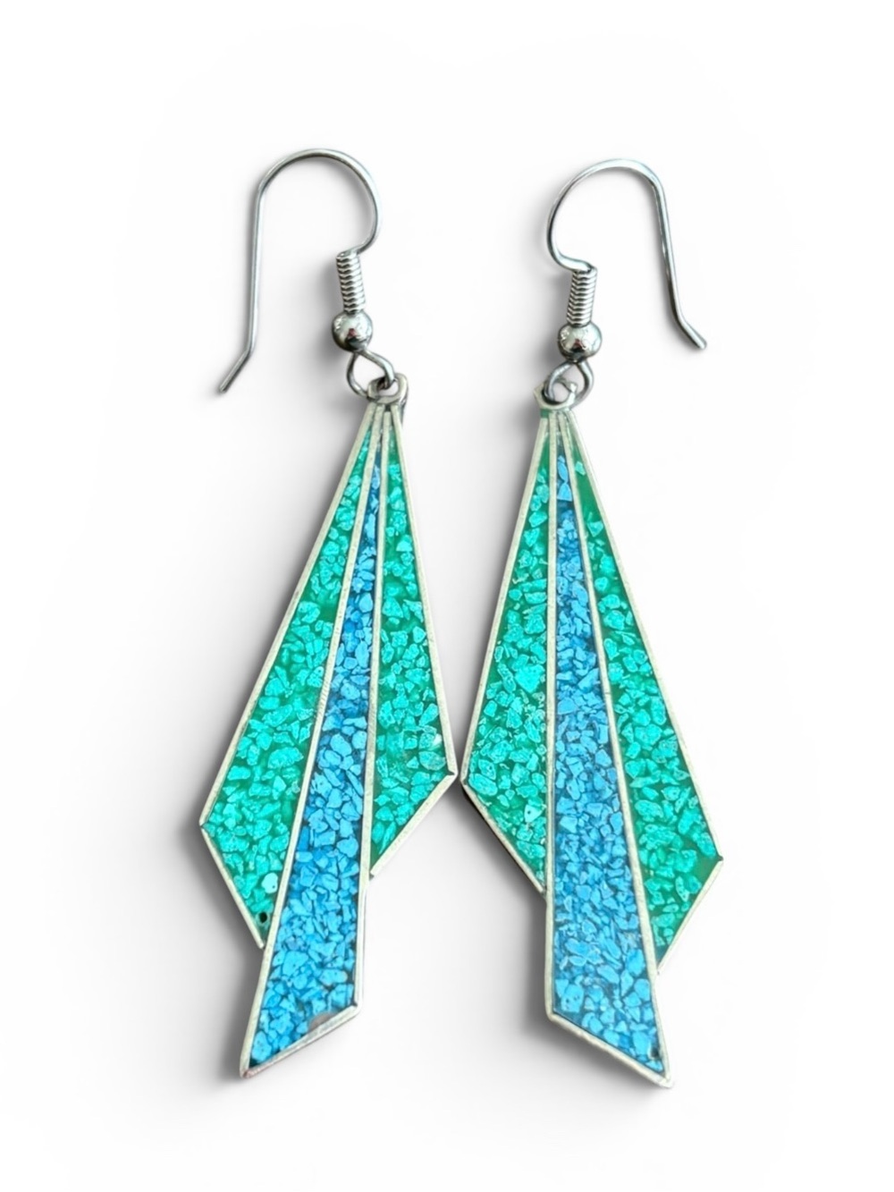 Vintage Alpaca Mexico Turquoise Inlay Dangle Earrings | Southwestern Boho - Picture 3 of 7